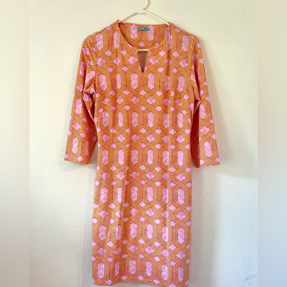 J. McLaughlin Carly Mini Cabana Dress 3/4 Sleeve Geometric Orange Pink Med.